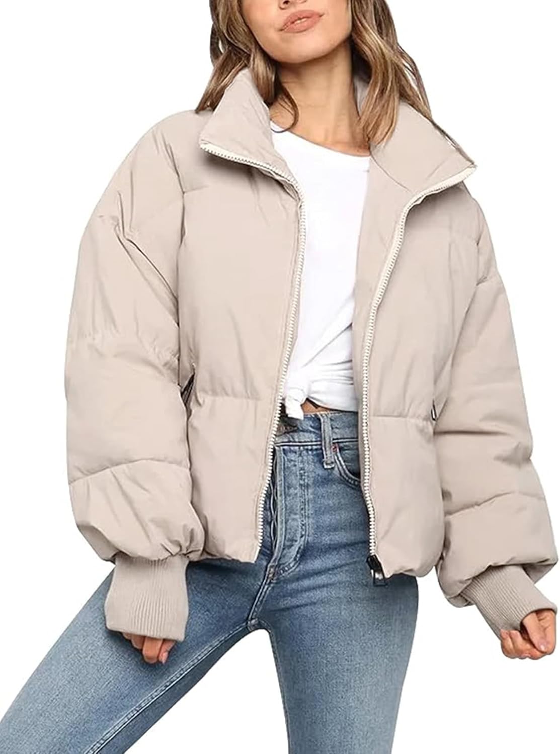 Flygo Winter Cropped Puffer Jacket Coats for Women 2025 Short Warm Quilted Jackets Outerwear with Pockets